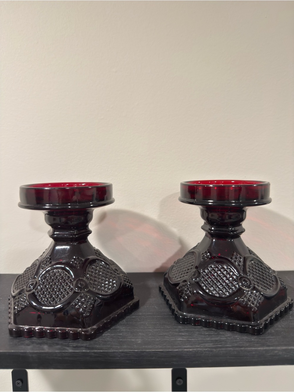 Set of 2 Vintage Avon "1876 Cape Cod Collection" Ruby Red Glass Holders